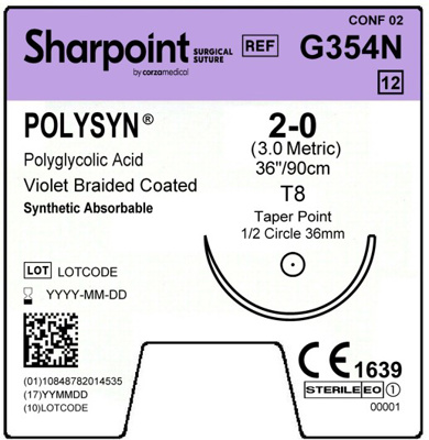 Polysyn 2-0 Violet 1x36" CT-1 Taper Point 1/2c 36mm