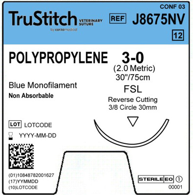 Polypropylene 3-0 Blue 30"FSL Reverse Cutting 25mm 3/8c