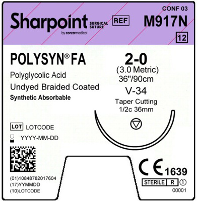 Polysyn FA 2-0 Undyed 1x36" V-34 Taper Cutting 1/2c 36mm