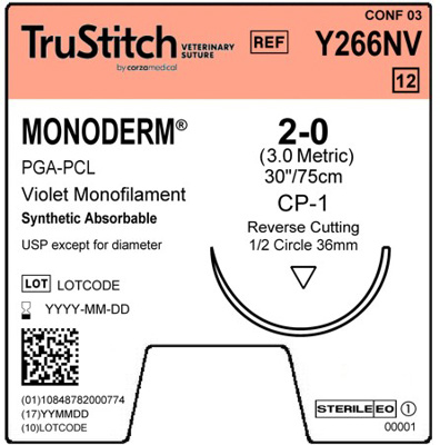 Monoderm 2-0 Violet 30", CP-1 Reverse Cutting 37mm 1/2C