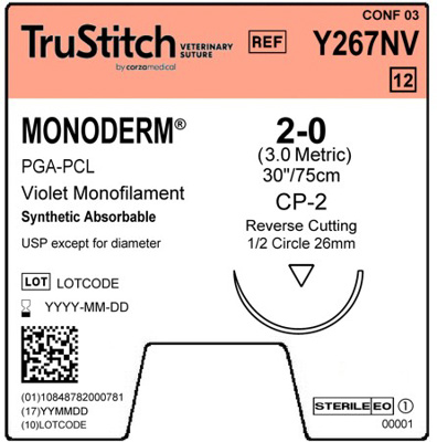 Monoderm 2-0 Violet 30", CP-2 Reverse Cutting 26mm 1/2C