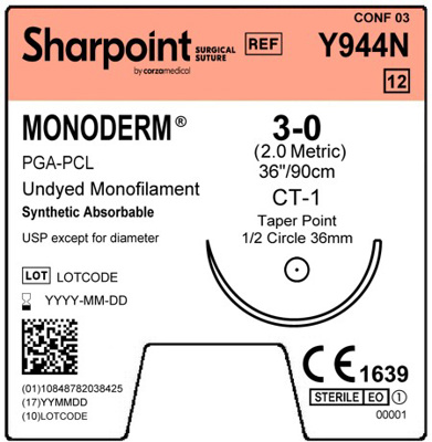 Monoderm,3-0,Unyded,36",CT-1,taperpoint,1/2circle,36mm