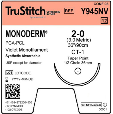 Monoderm 2-0 Violet 36", CT-1 Taper Point 36mm 1/2C